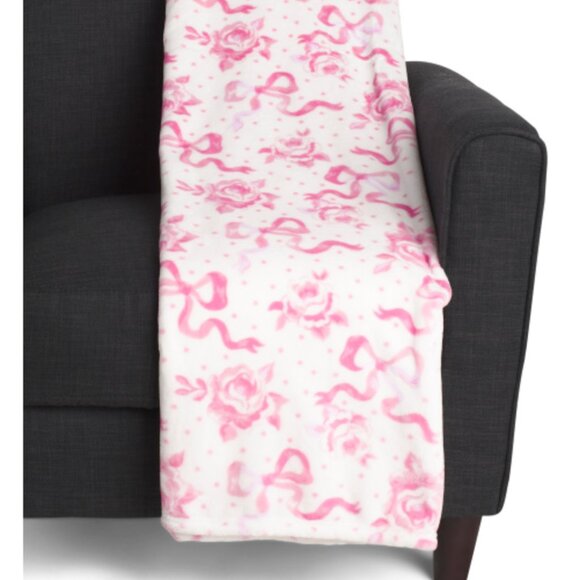 Shabby Chic Pink Floral Coquette Bow Roses Soft Microfleece Throw Blanket 50x60 - Picture 2 of 7